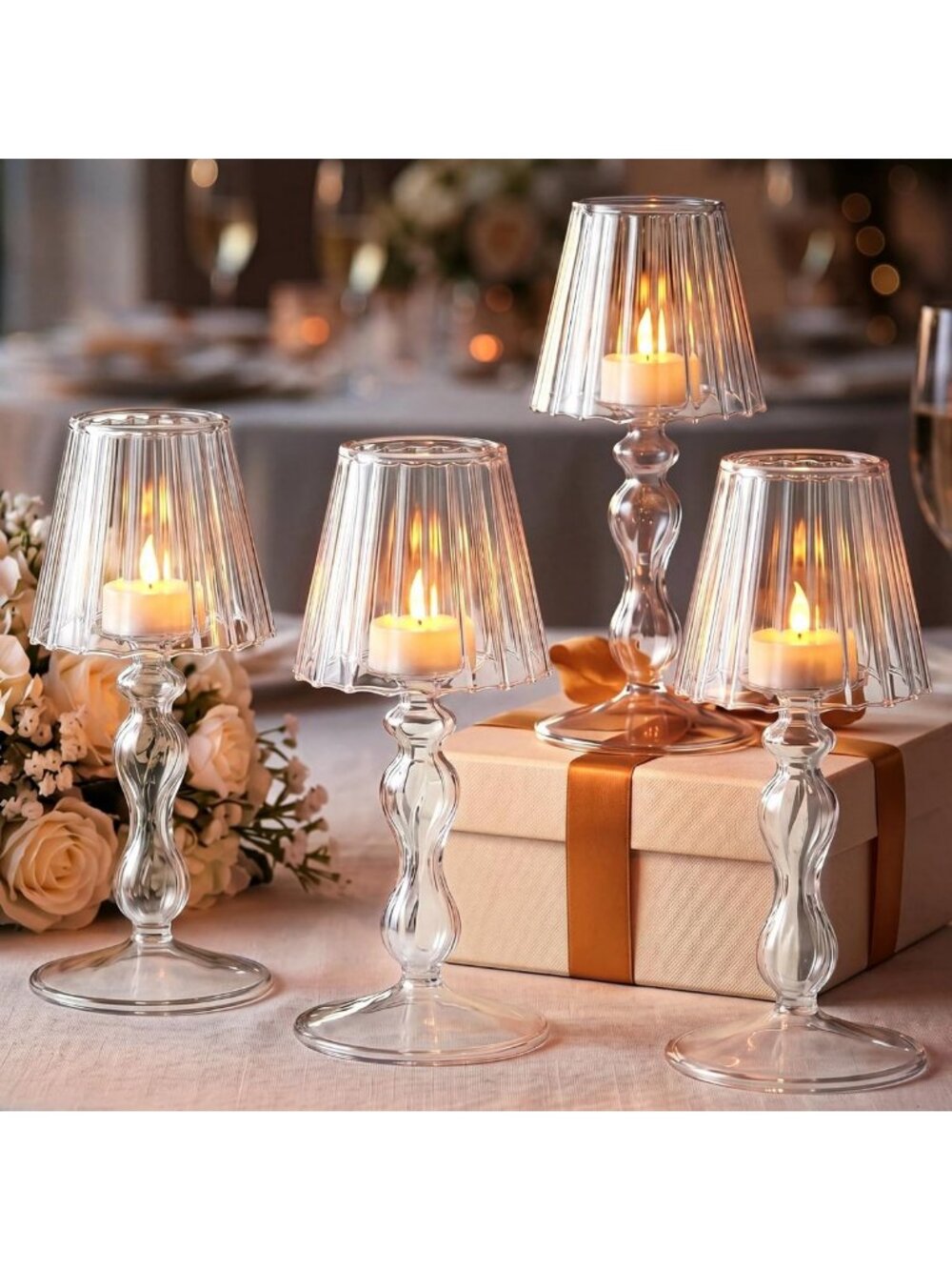 4 Pcs Clear Glass LED Tealight Candle Holders - Elegant Desk Lamp Style Decor